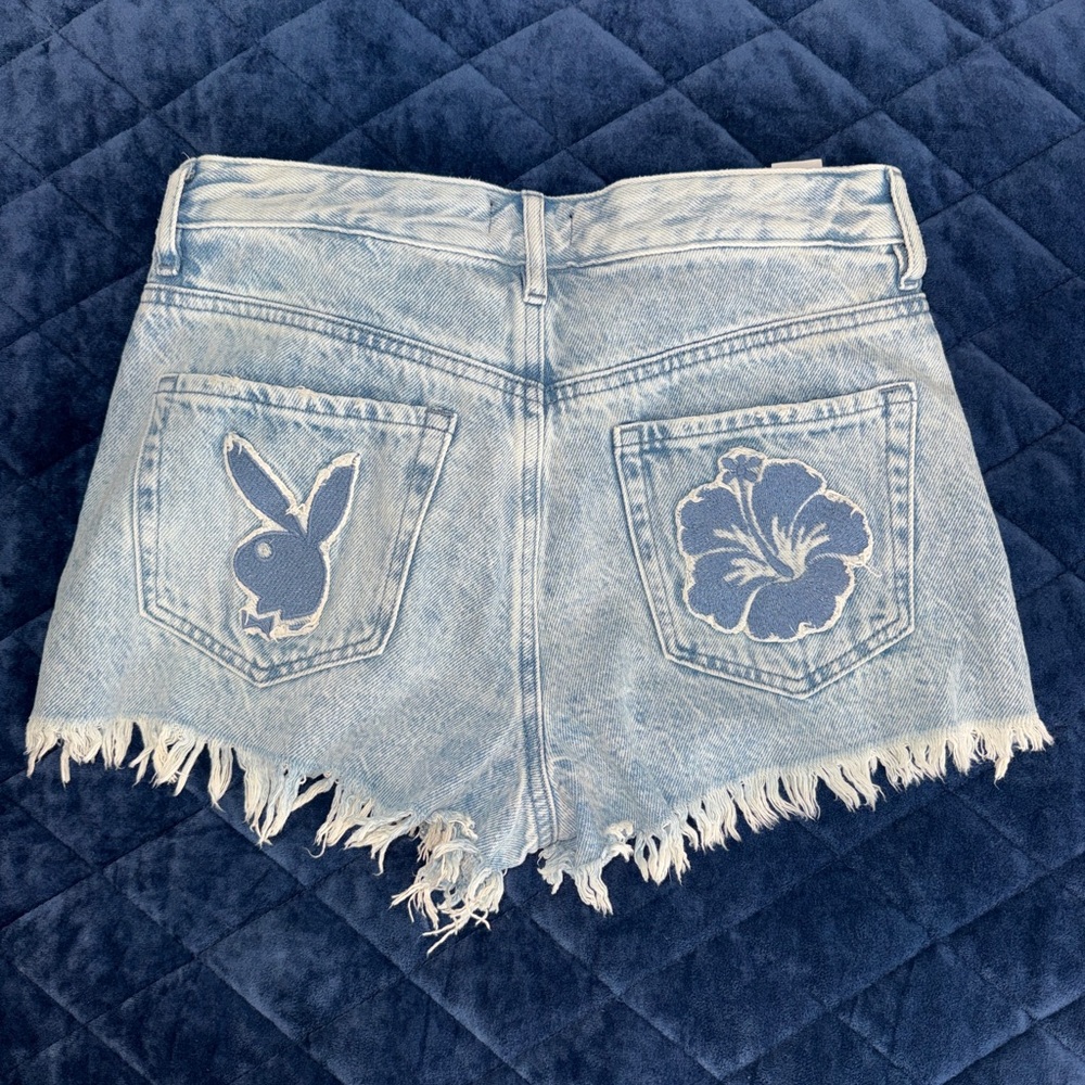Pacsun x Playboy Bunny Hibiscus Detail light wash denim festival shorts